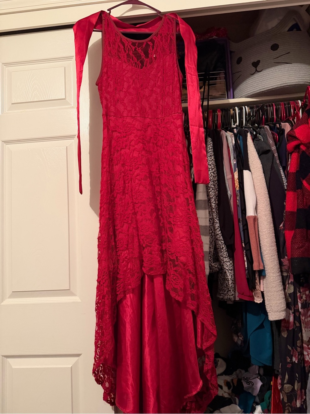 Red Lace Sleeveless High-Low Dress With Sash Medium GUC